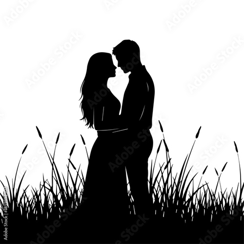 Romantic Silhouette of a Loving Couple Embracing in Nature