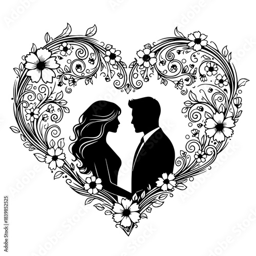 Romantic Floral Heart Design featuring Elegant Couple Silhouettes for Love