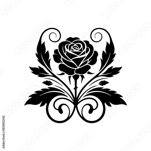 Ornate black rose silhouette with elegant scrolling leaves and vintage flourish