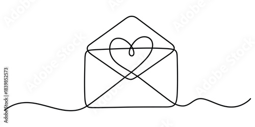 Continuous line drawing of an envelope with a heart on