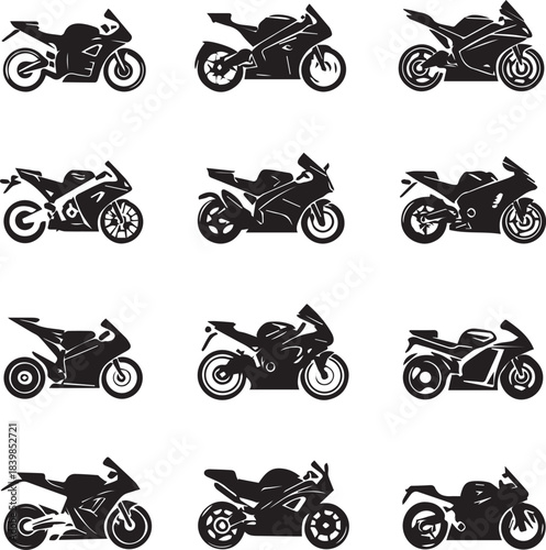 Black Heavy Bikes Silhouettes Vector Set on white background