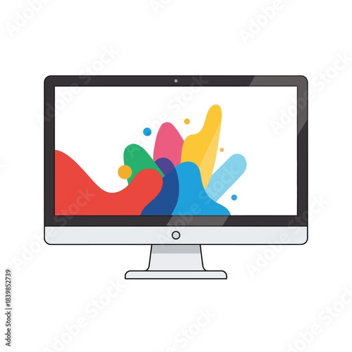A modern desktop computer monitor displaying a vibrant abstract colorful splash design.