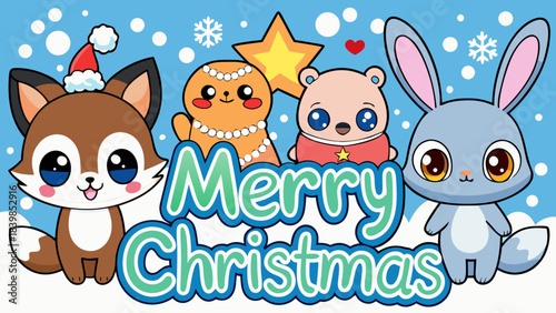 Adorable kawaii Christmas vector illustration of smiling chibi winter animals holding a “Merry Christmas” banner with pastel colors, snowflakes, gifts and festive hats — perfect for backgrounds