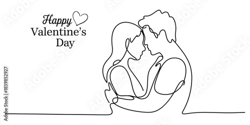 Happy valentines day couple embracing in one line drawing style