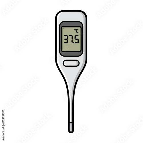 A white digital thermometer displaying 37.5 degrees Celsius, indicating a normal body temperature reading.