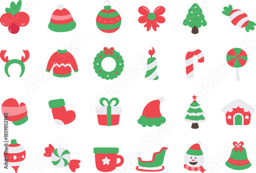 Flat Christmas Vector Set. Cute Winter Holiday Illustration Collection