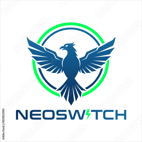 Neoswitch Phoenix Logo – Modern Blue Eagle Emblem with Energy Lightning Symbol