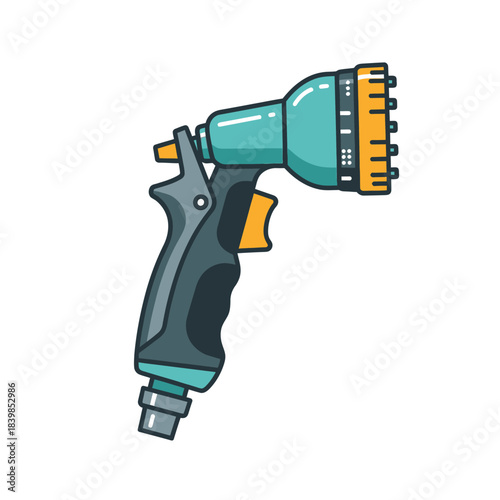 A cartoon illustration of a multi-pattern garden hose spray nozzle in teal, grey, and yellow.