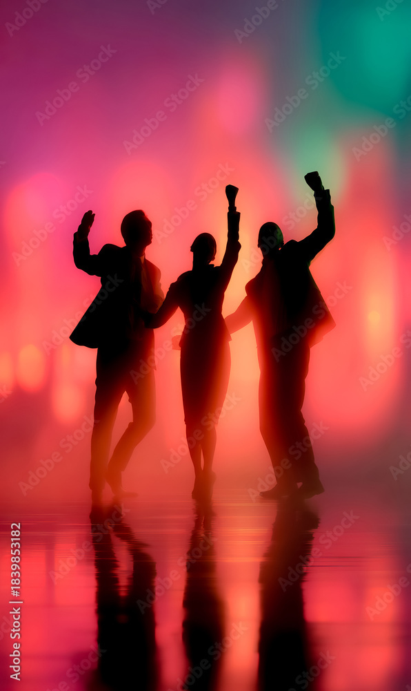 Fototapeta premium A motivated team silhouetted against a bold sunset, raising arms as a symbol of ambition.