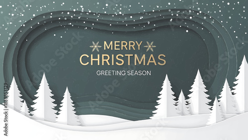 Horizontal green Merry Christmas and Happy New Year greeting card header banner in paper art style with snowy winter landscape snow covered trees for holiday message and festive background	