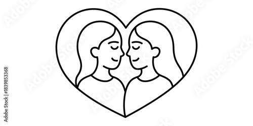 Two women facing each other in a heart shaped line art illustration