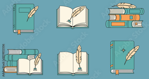 Books and quill pen icons, open and closed books with ink bottles, flat vector illustration