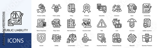 public liability icon collection set. Containing Product Liability, Policy, Premium, Deductible, Exclusion, Claim, Underwriting icon