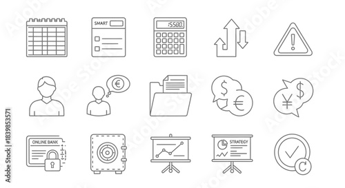 A collection of line icons representing business, finance, and administrative concepts for web and app design.