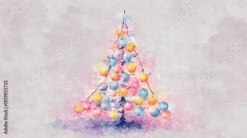 An artistic Christmas tree sketched in a soft watercolor style with gentle pastel hues A Christmas tree constructed from colorful glowing orbs floating in midair