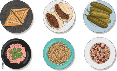 Assorted International Dishes on Plates Including Samosas, Tacos, Pickles, Spaghetti, Dip, and Rice Beans on White Background