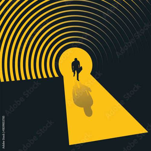 A powerful vector illustration of a businessman walking through a bright keyhole shaped light path, symbolizing opportunity, breakthrough, new beginnings, success, ambition, and personal growth