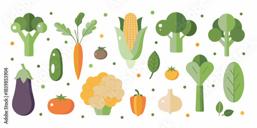 A colorful assortment of fresh flat design vegetables and fruits displayed together