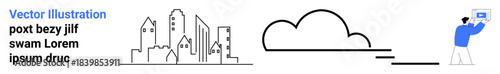 City buildings, cloud computing icon, and person using a laptop highlight urban life, technology, and digital work. Ideal for technology, communication, innovation, urbanization smart cities