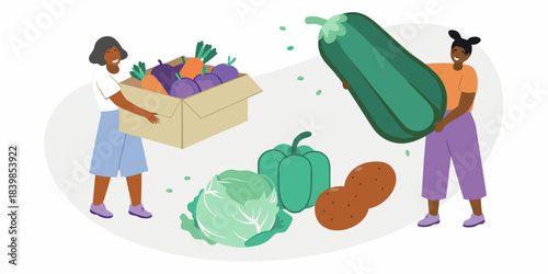 Two women carrying a bountiful harvest of fresh vegetables and produce