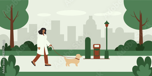 A woman walks her dog along a path in a city park setting