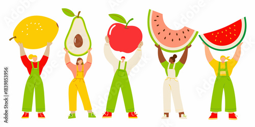 Diverse group of people holding various colorful fruits overhead