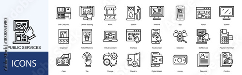 public services icon collection set. Containing  Online Booking, Kiosk, Station, Terminal, App, Portal, Screen icon