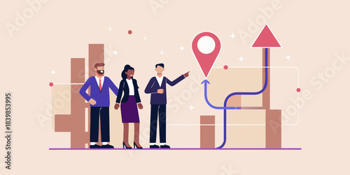 Business team analyzing growth chart with location pin strategy and success