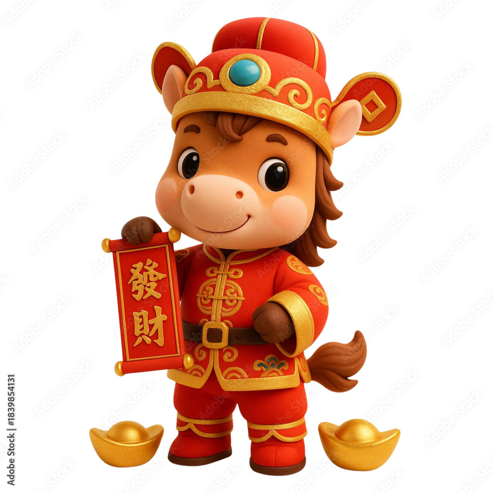Fototapeta premium Adorable 3D Chibi Horse Holding (Prosperity) Scroll in Traditional Red Outfit, Chinese New Year, Year of the Horse