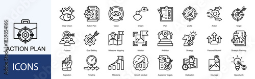 action plan icon collection set. Containing Vision, Dream, Plan, profile, Action, Target, Purpose, Goal Setting icon