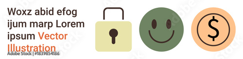 Privacy, feedback, finance, cybersecurity, online services, user satisfaction. Icons include a padlock, smiling face and dollar symbol. Privacy and feedback concepts with clear simple icons