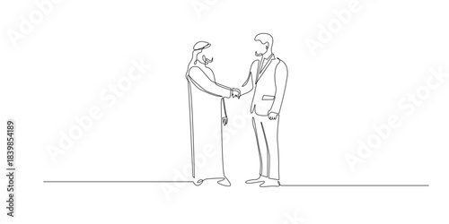 Continuous line drawing of a Middle Eastern man shaking hands with a businessman. Single line illustration representing partnership cooperation cultural connection and professional agreement.