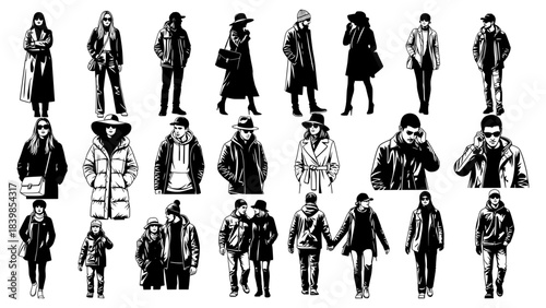 Vector silhouettes man and women, illustration. Silhouettes of people posing in warm winter clothes. Transparent SVG version.