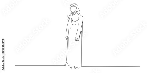 Continuous line drawing of a Middle Eastern man standing in traditional clothing with a calm posture. Single line illustration representing culture elegance simplicity identity and presence.