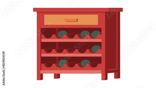 Red Wooden Wine Cabinet With Orange Drawer And Dark Green Bottles On Black Background