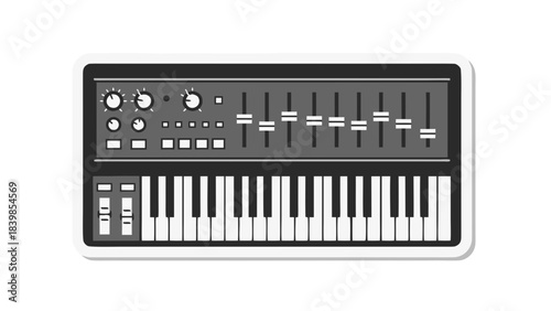 Retro Analog Synthesizer Keyboard With Faders Knobs and Black and White Keys On A Transparent Background Vector Graphic Illustration