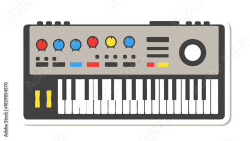 Retro Analog Synthesizer Keyboard with Colorful Knobs and Buttons on a Gray Panel Detailed Illustration