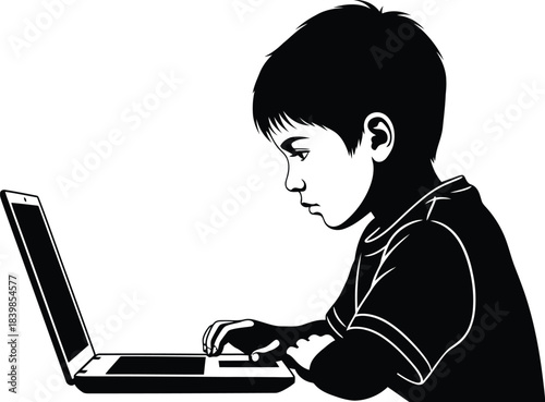 Silhouette of a boy typing on a laptop
