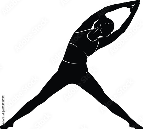 Silhouette of a woman stretching sideways in a wide stance