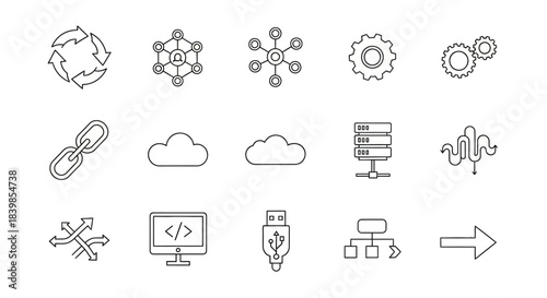 A collection of line icons representing various technology concepts such as networking, cloud computing, data storage, coding, and processes.