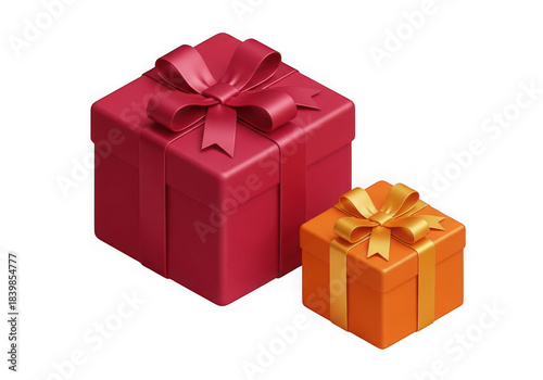 Two gift boxes, one red and one orange, with ribbons isolated on transparent background celebration concept