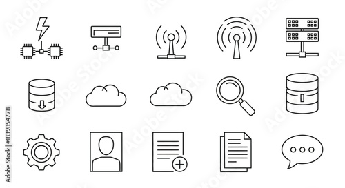 Modern line art icons depicting technology, data, networking, and digital communication elements.