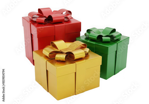 Three colorful gift boxes, red, green and gold, isolated on transparent background, for christmas and birthday