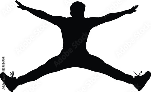 Silhouette of a man performing a wide stance jump