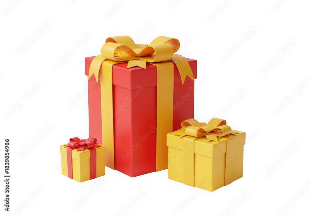 Fototapeta premium Three gift boxes of different sizes, red and yellow, isolated on transparent background holiday presents