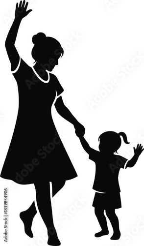 Silhouette of a mother and child walking hand in hand