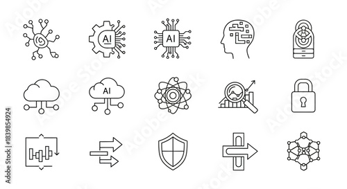 A diverse collection of outline vector icons representing key concepts in artificial intelligence, machine learning, data analytics, cloud computing, and digital security.