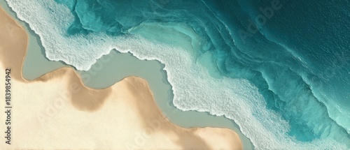 Aerial View of Turquoise Ocean Waves Gently Meeting Sandy Shoreline on a Bright Sunny Day