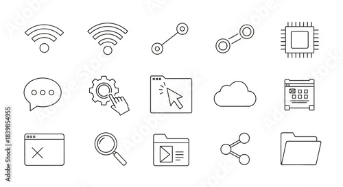 A collection of outline vector icons representing various technology, internet, and computing concepts, including Wi-Fi, settings, cloud, search, and folders.