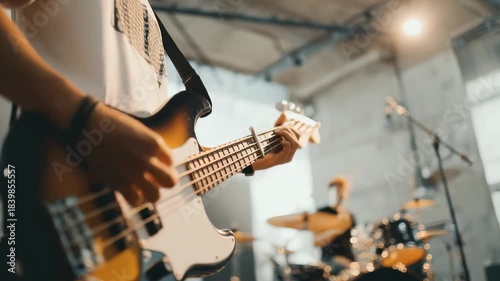 Close up of musician playing electric bass guitar during band rehearsal in modern studio with blurred drummer in background. Creative atmosphere and passion for music fill the industrial space